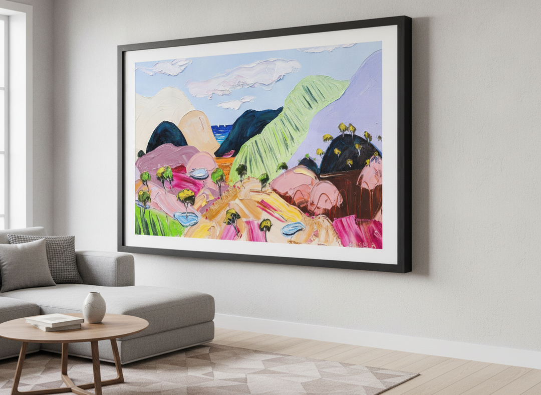 Modern wall art styled above a sofa in a neutral living room