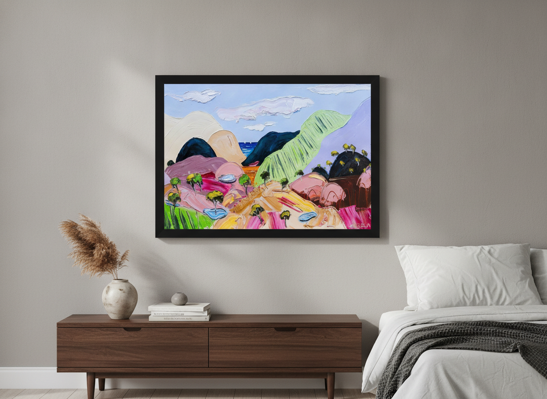 Minimalist artwork displayed in a calm, light-filled bedroom interior