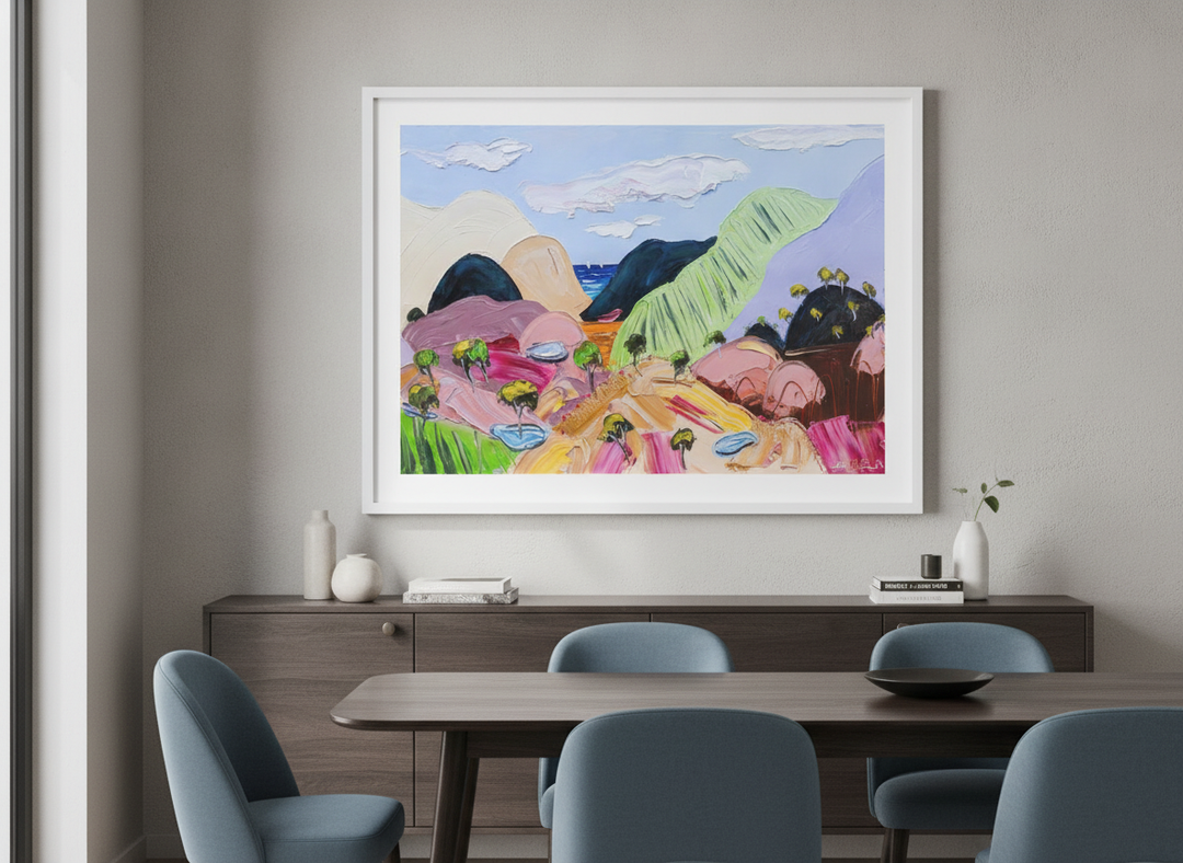 Wall art styled above a dining table in a contemporary home