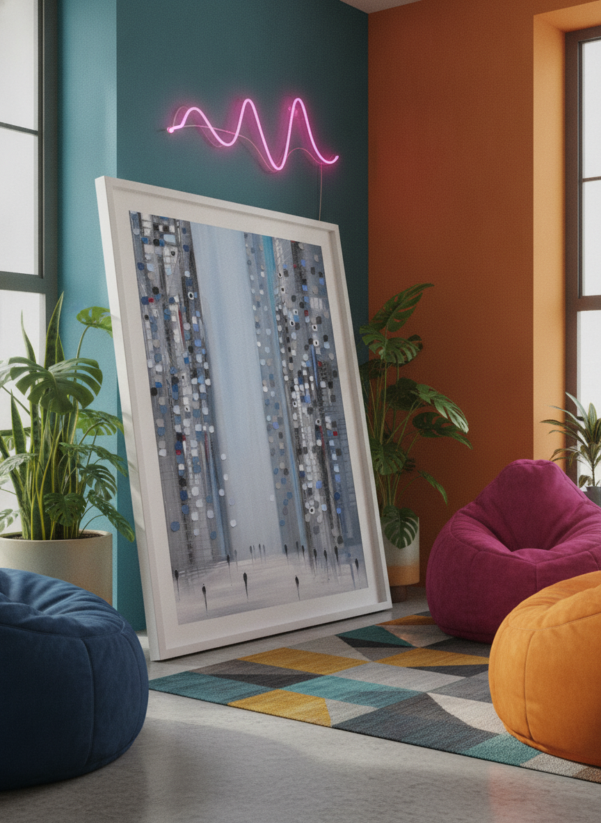Bold wall art styled in a colourful, eclectic modern home