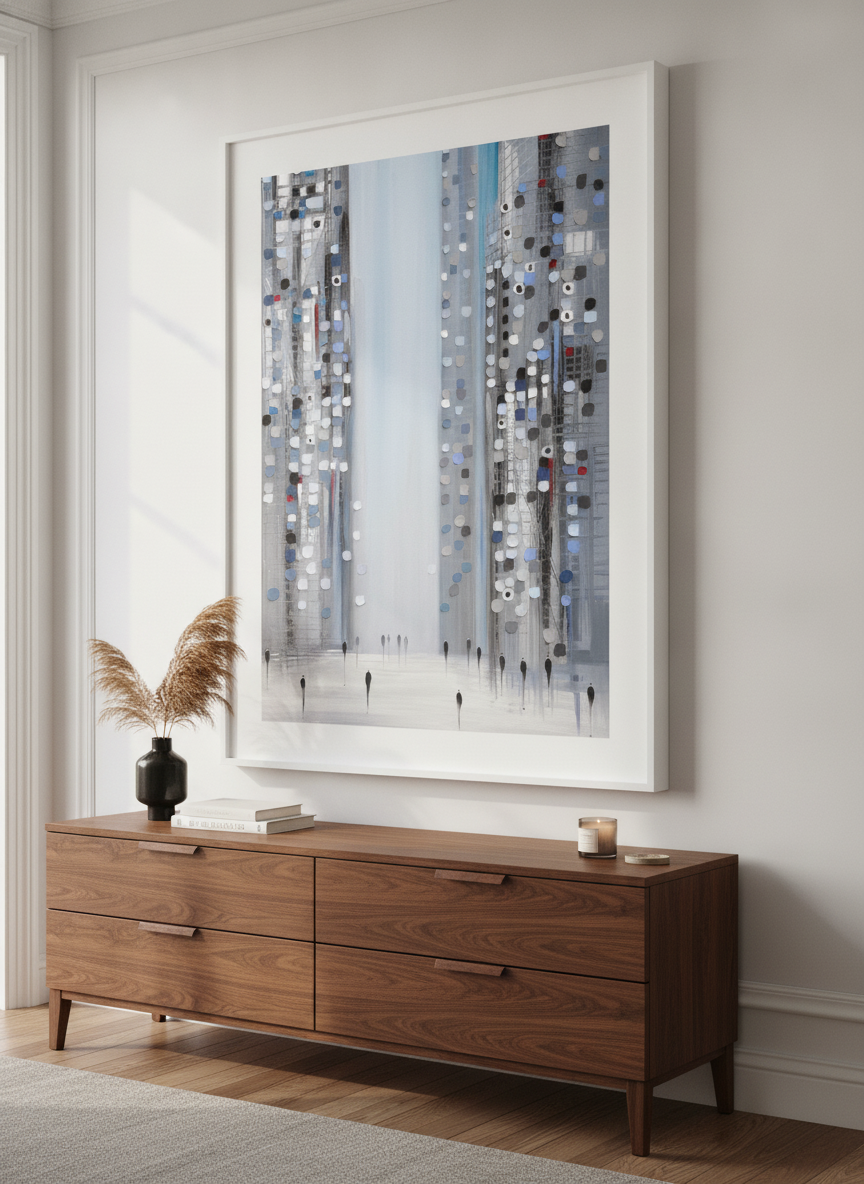 Monumental artwork centred on a feature wall in a luxe interior