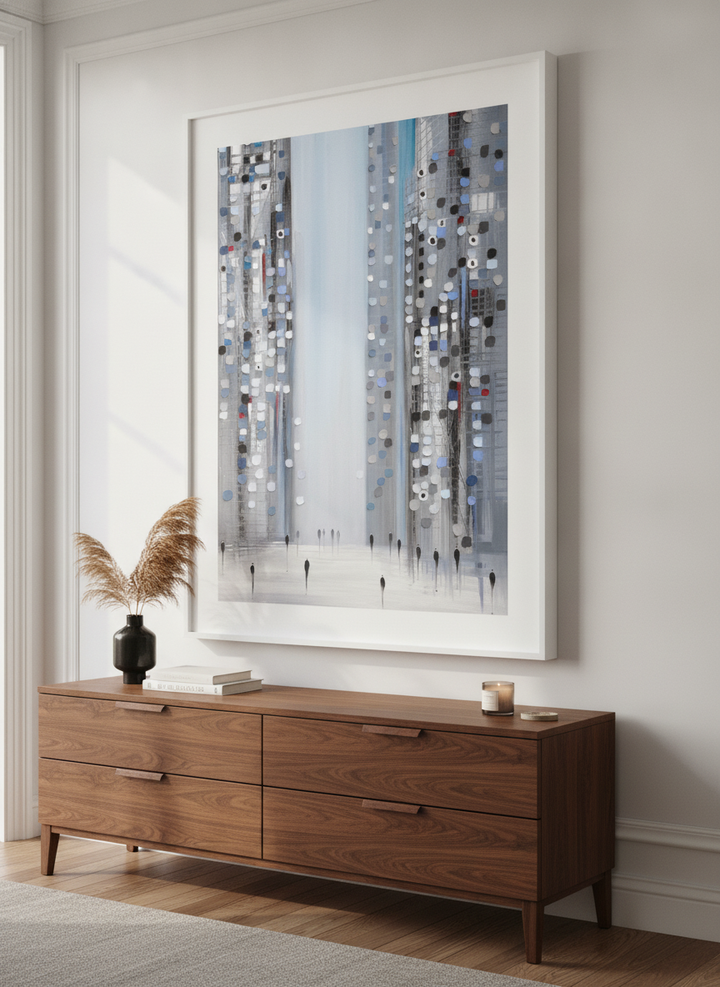 Monumental artwork centred on a feature wall in a luxe interior