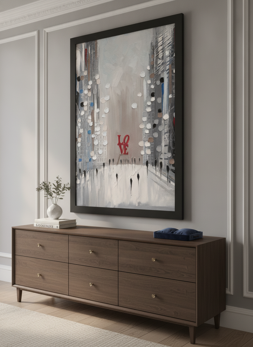 Monumental artwork centred on a feature wall in a luxe interior