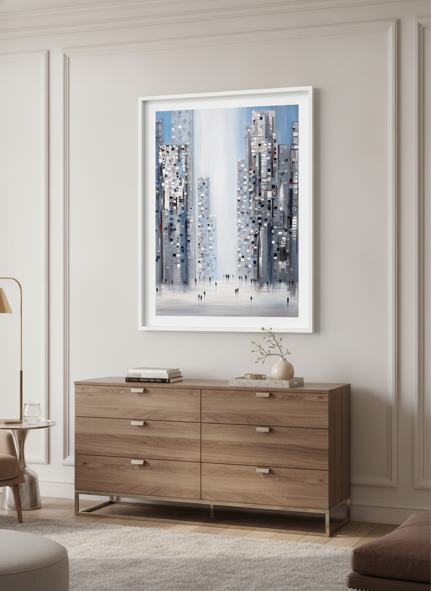 Monumental artwork centred on a feature wall in a luxe interior
