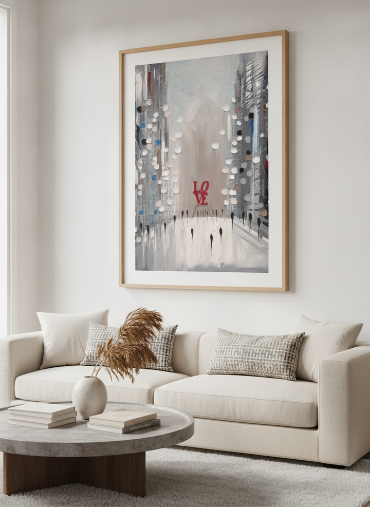 Modern wall art styled above a sofa in a neutral living room
