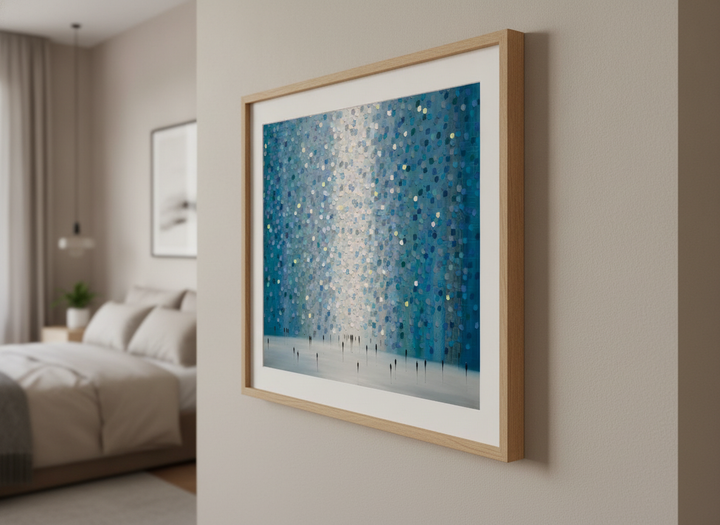 Minimalist artwork displayed in a calm, light-filled bedroom interior