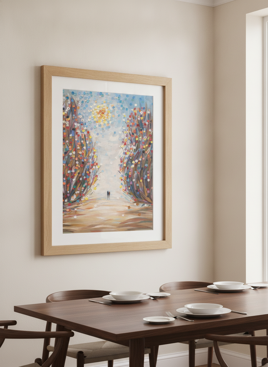 Wall art styled above a dining table in a contemporary home