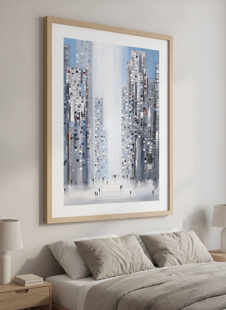 Minimalist artwork displayed in a calm, light-filled bedroom interior