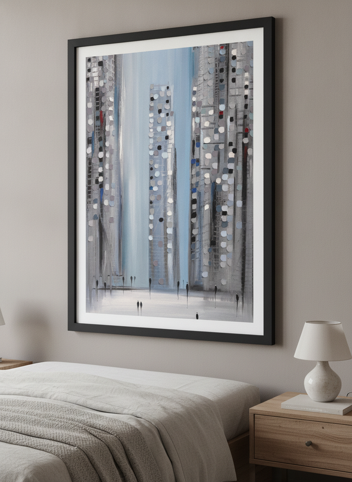 Minimalist artwork displayed in a calm, light-filled bedroom interior