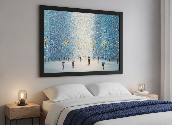 Minimalist artwork displayed in a calm, light-filled bedroom interior