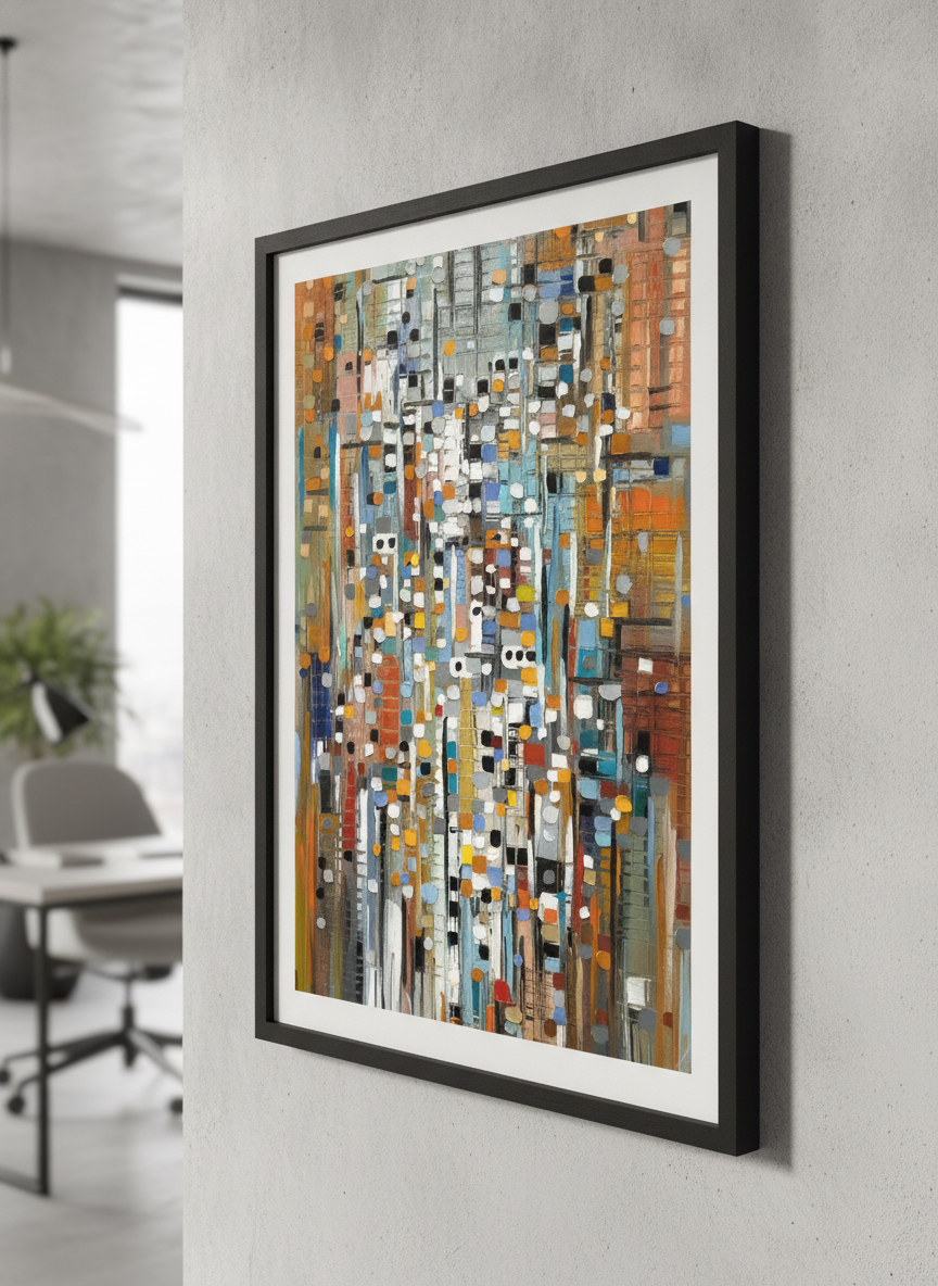 Contemporary wall art featured in a bright modern office workspace