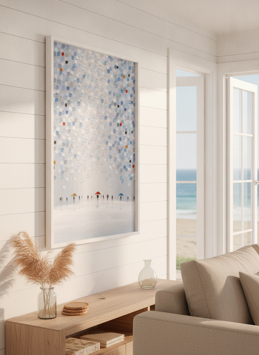 Neutral wall art displayed in a sunny coastal beach house