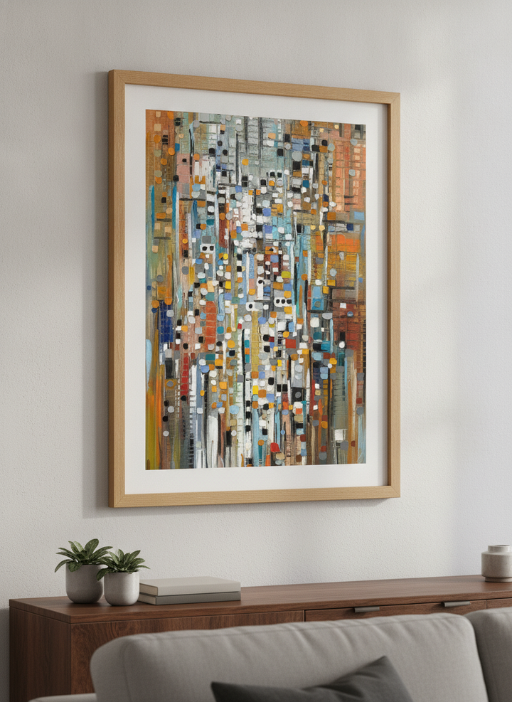 Modern wall art styled above a sofa in a neutral living room