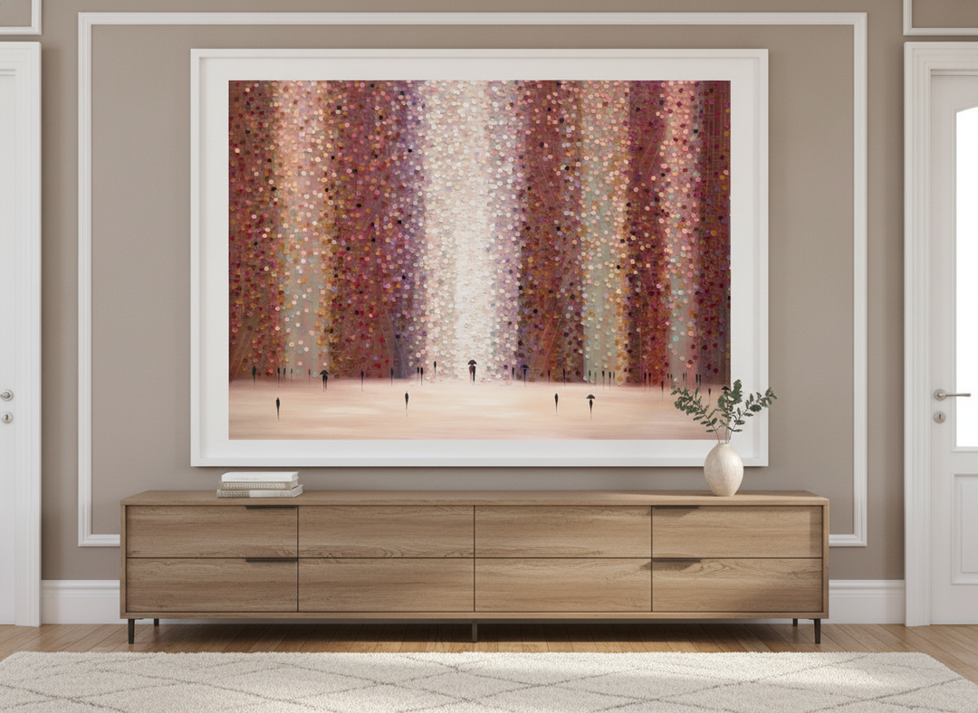 Monumental artwork centred on a feature wall in a luxe interior