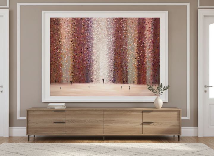 Monumental artwork centred on a feature wall in a luxe interior