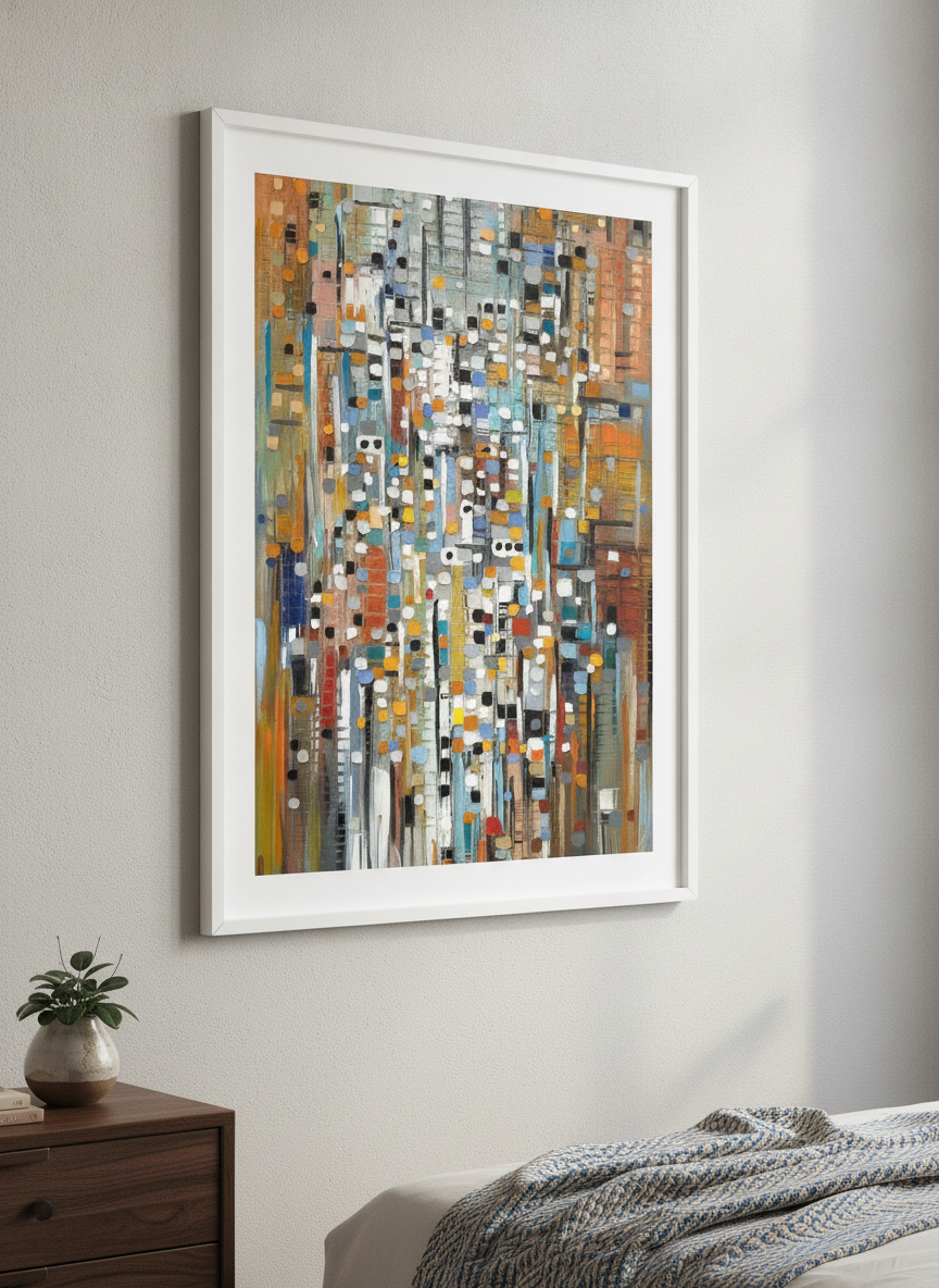 Minimalist artwork displayed in a calm, light-filled bedroom interior
