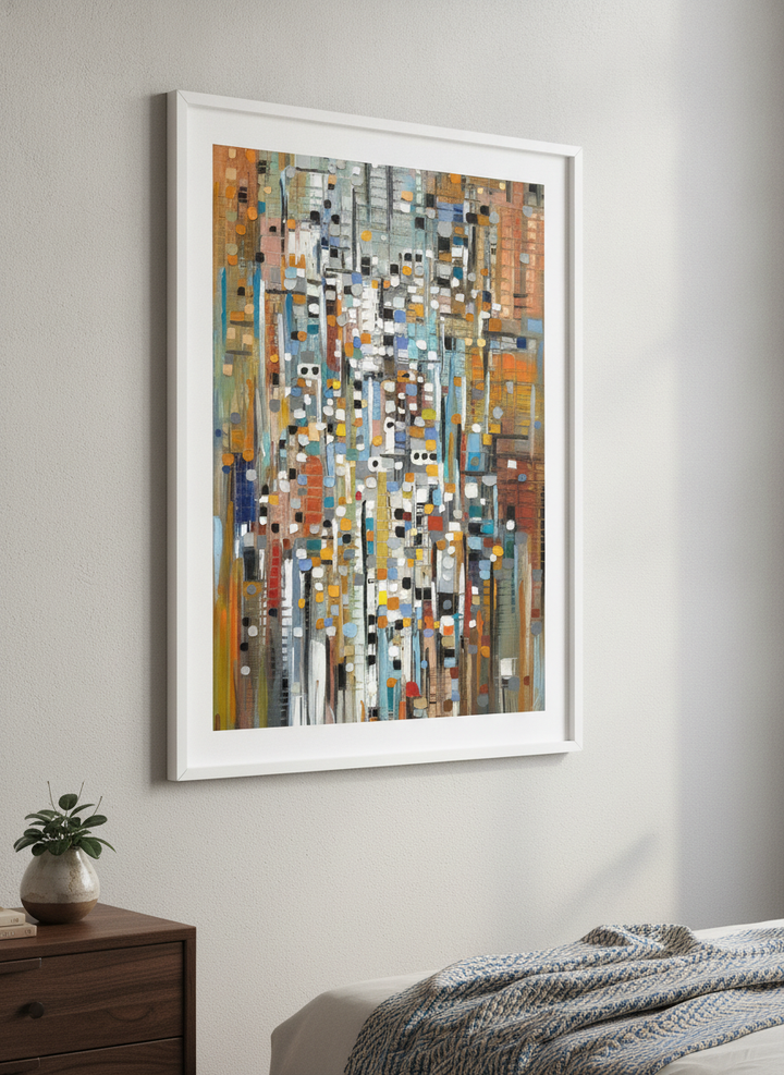Minimalist artwork displayed in a calm, light-filled bedroom interior