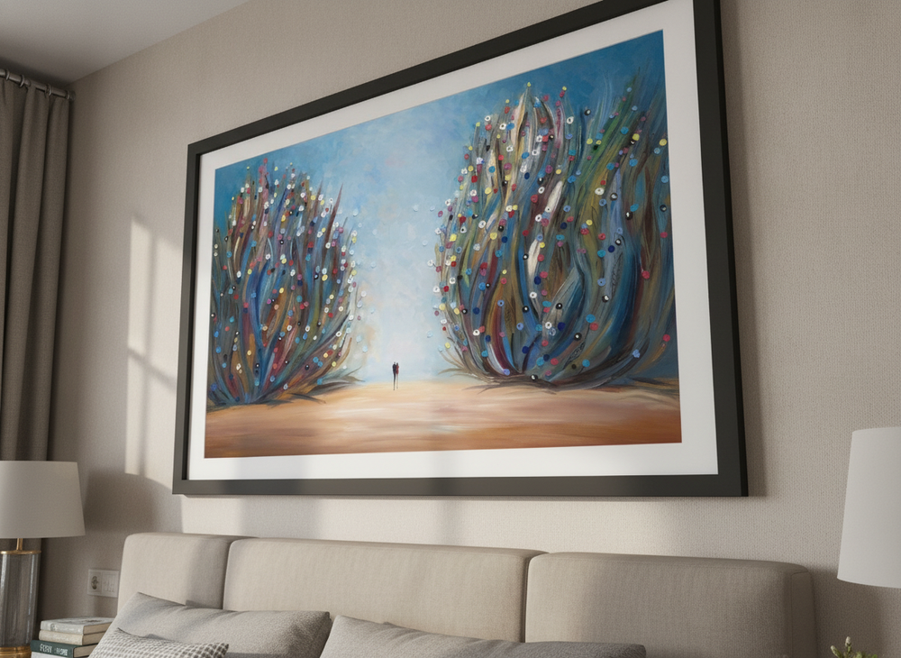 Minimalist artwork displayed in a calm, light-filled bedroom interior
