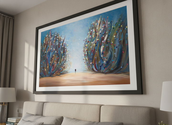 Minimalist artwork displayed in a calm, light-filled bedroom interior
