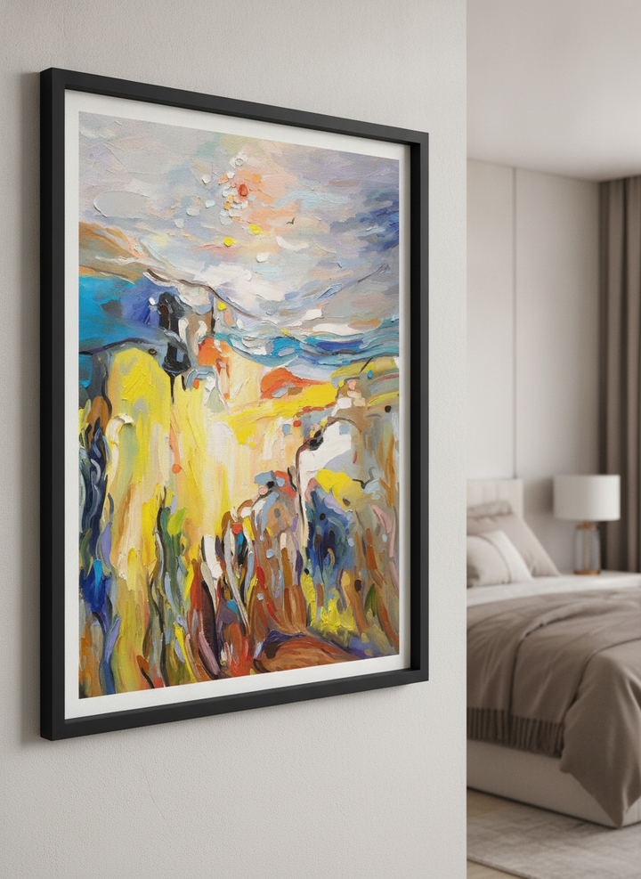 Minimalist artwork displayed in a calm, light-filled bedroom interior
