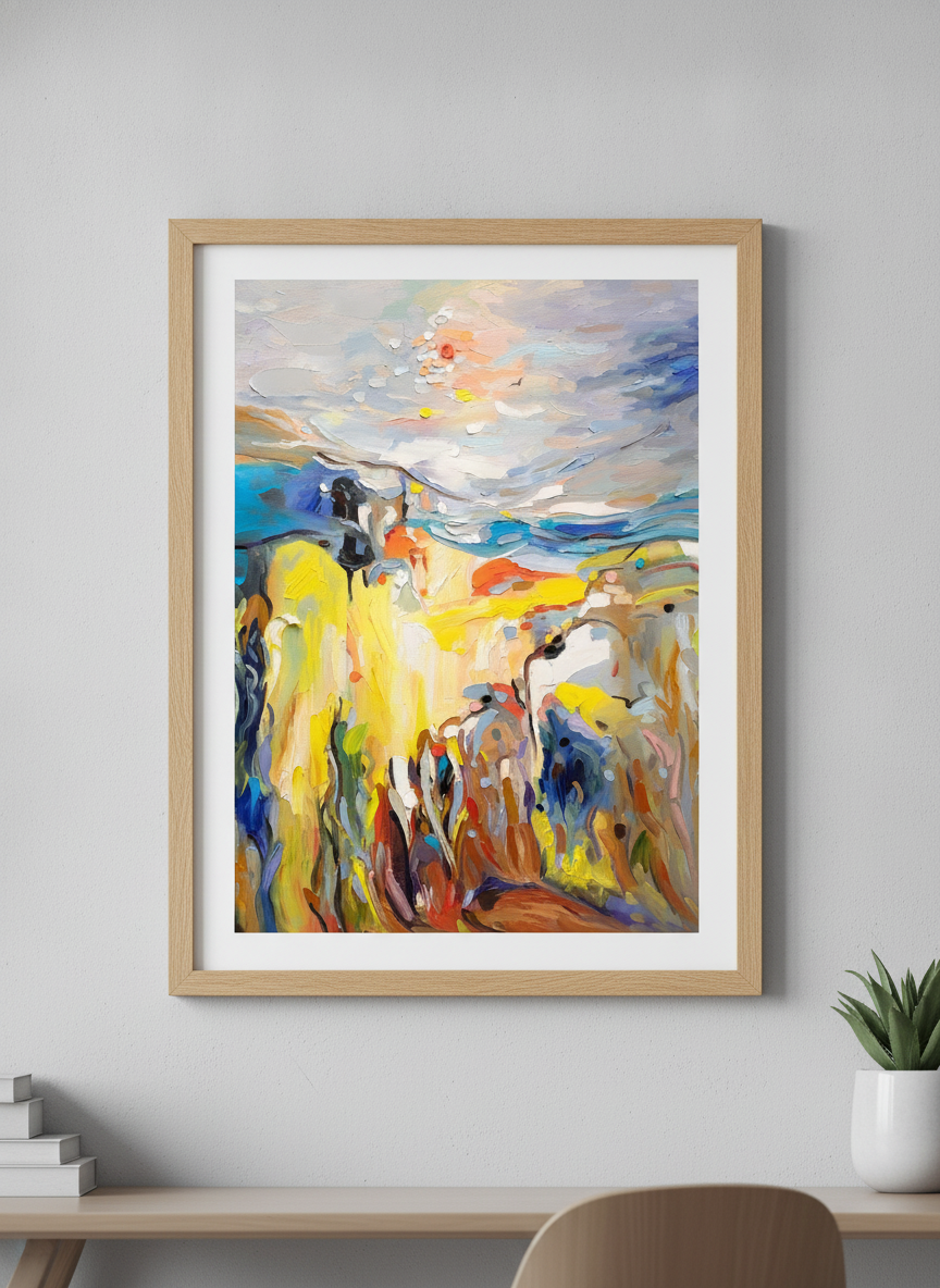 Contemporary wall art featured in a bright modern office workspace