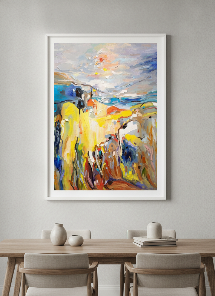 Wall art styled above a dining table in a contemporary home