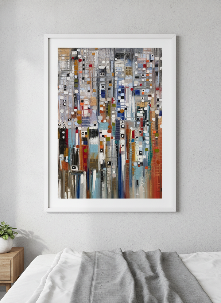 Minimalist artwork displayed in a calm, light-filled bedroom interior