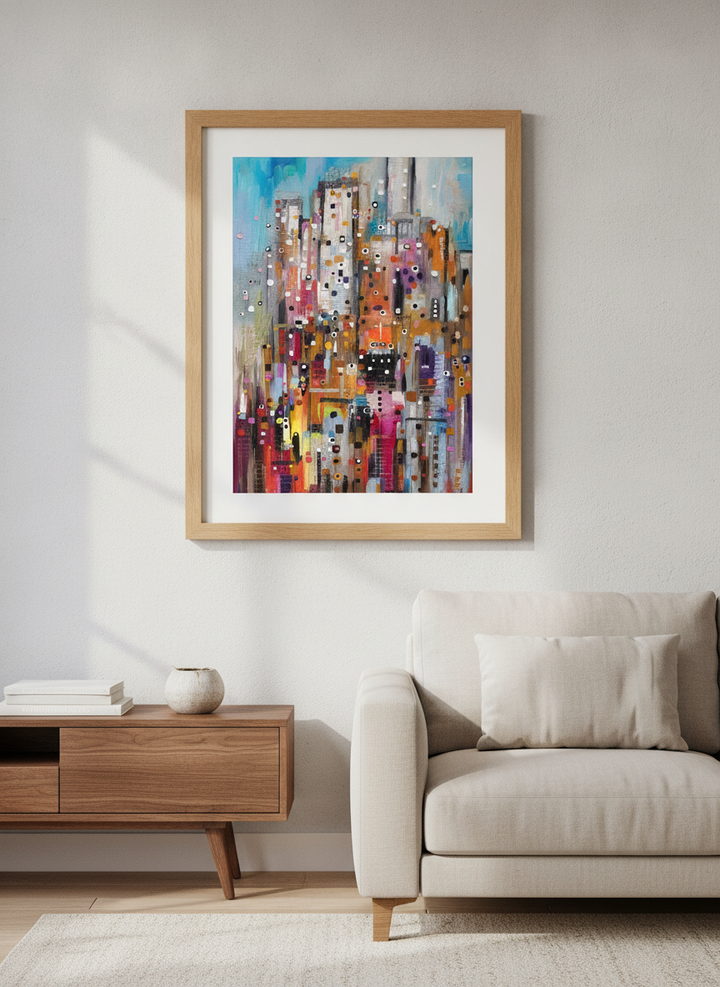 Modern wall art styled above a sofa in a neutral living room