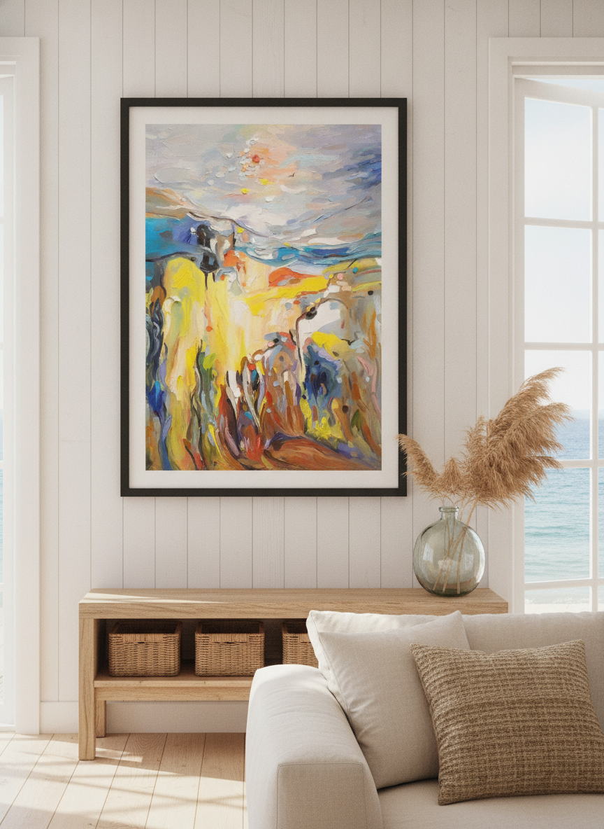 Neutral wall art displayed in a sunny coastal beach house