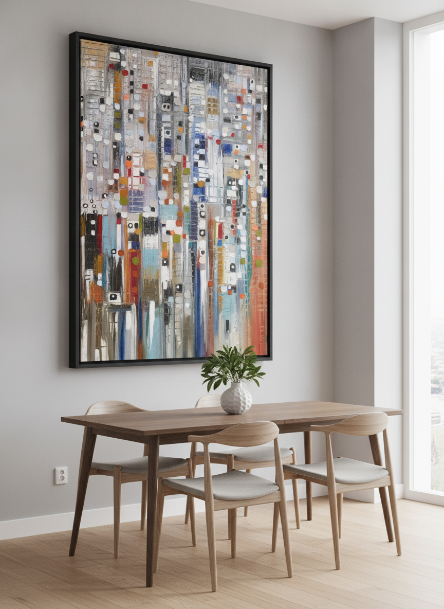 Wall art styled above a dining table in a contemporary home