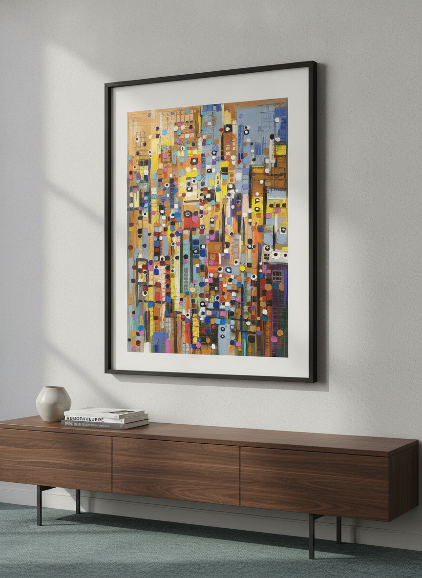 Contemporary wall art featured in a bright modern office workspace