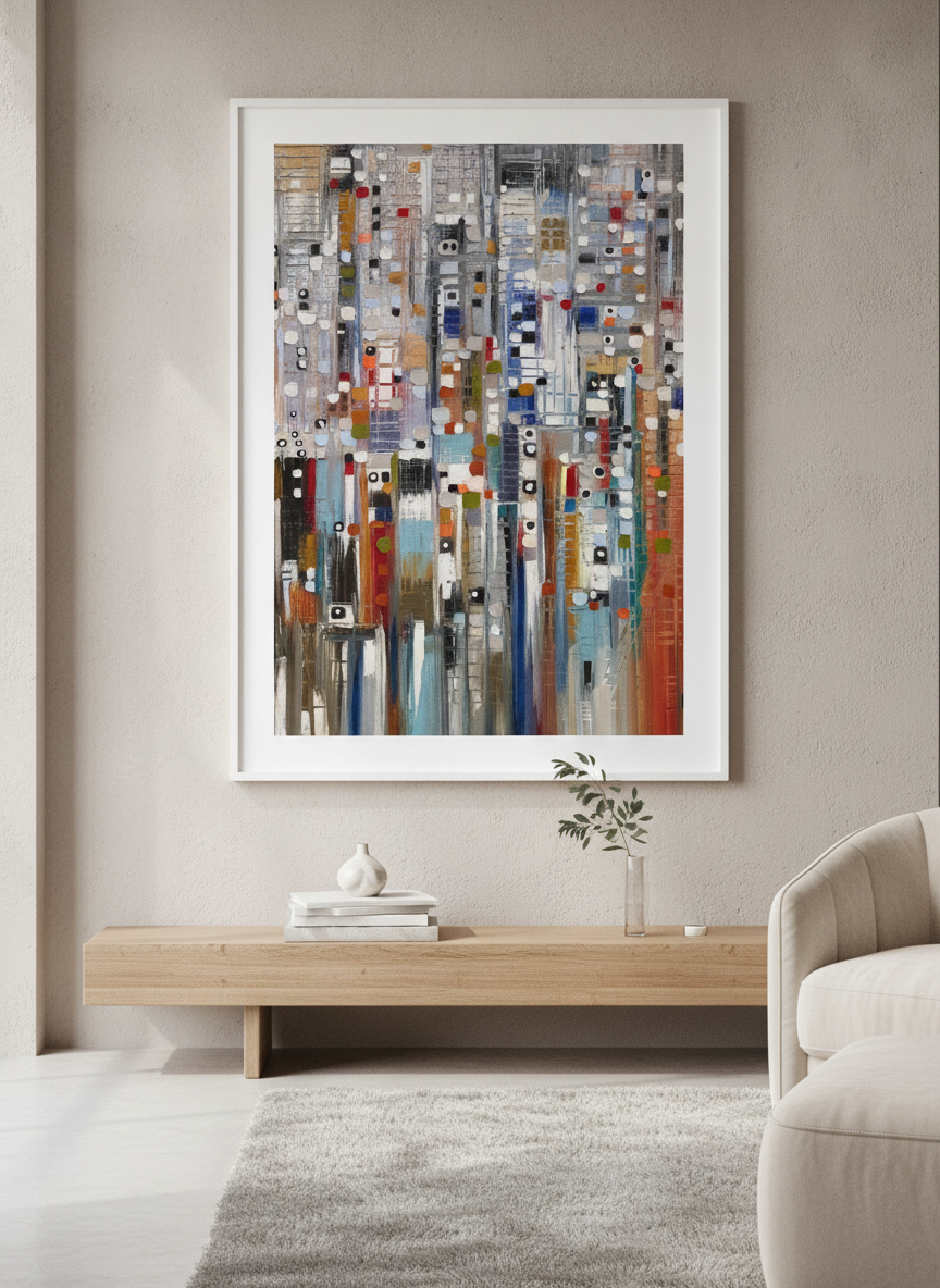 Monumental artwork centred on a feature wall in a luxe interior