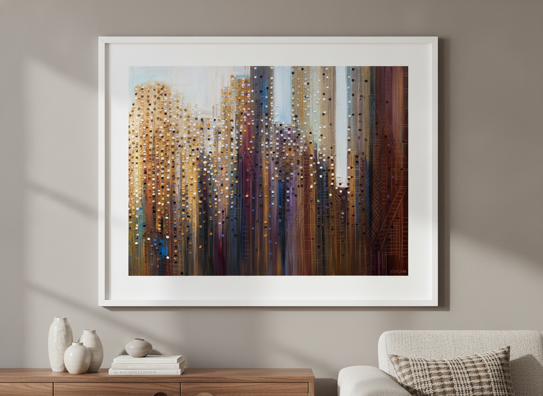 Modern wall art styled above a sofa in a neutral living room
