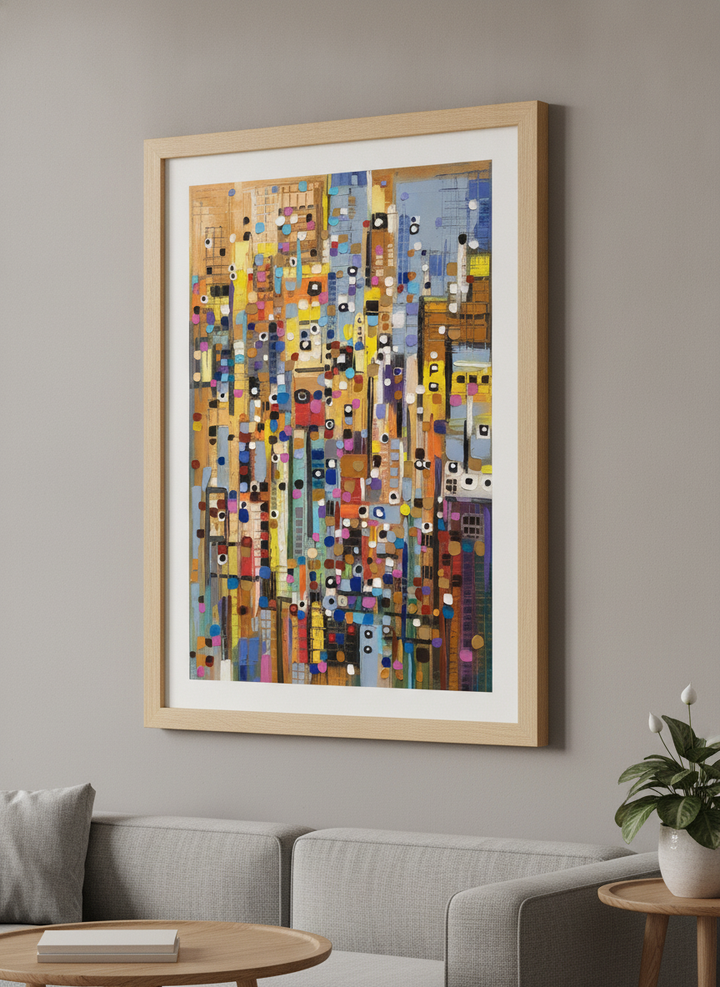 Modern wall art styled above a sofa in a neutral living room