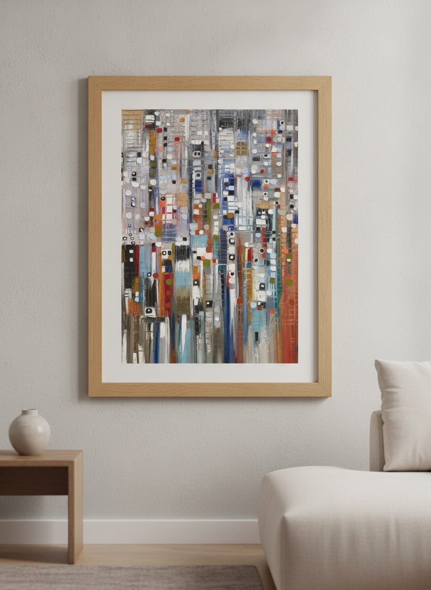 Modern wall art styled above a sofa in a neutral living room