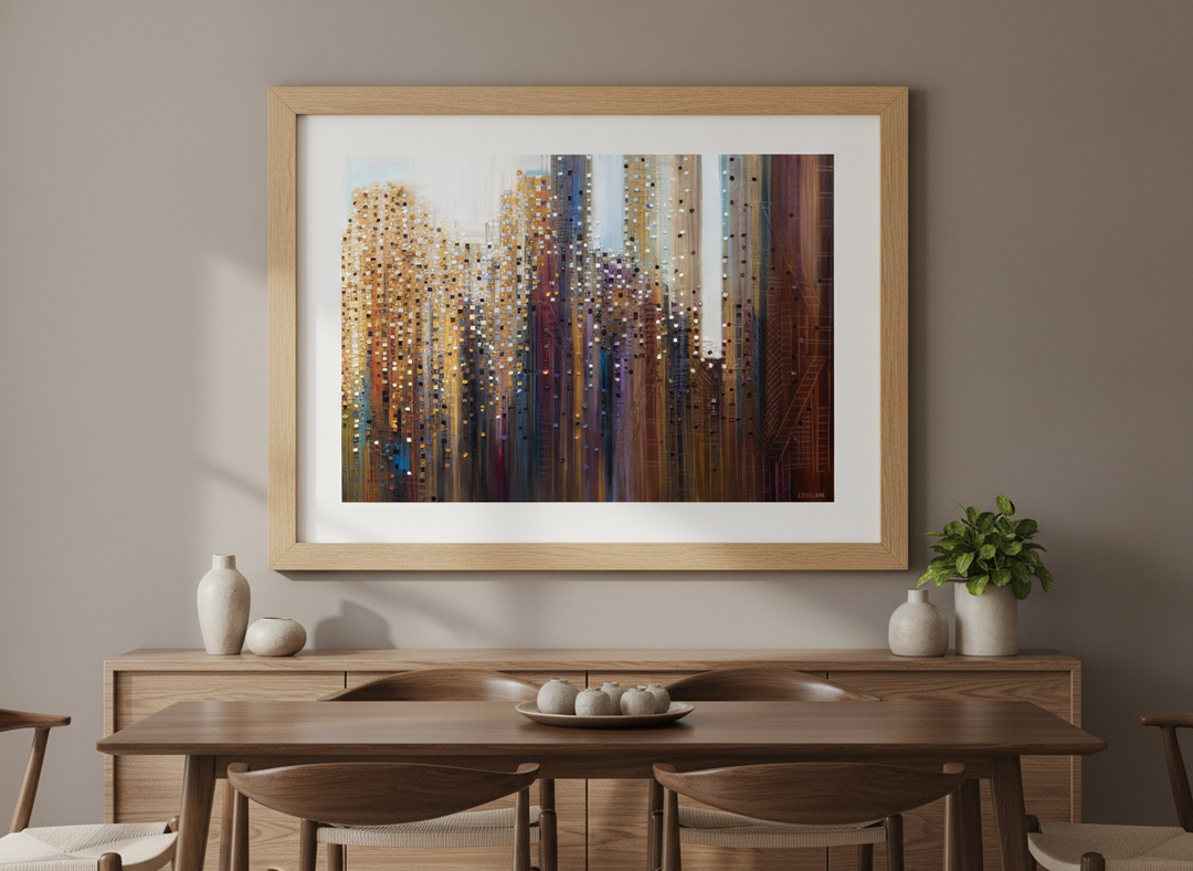 Wall art styled above a dining table in a contemporary home