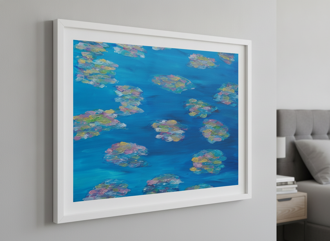 Minimalist artwork displayed in a calm, light-filled bedroom interior
