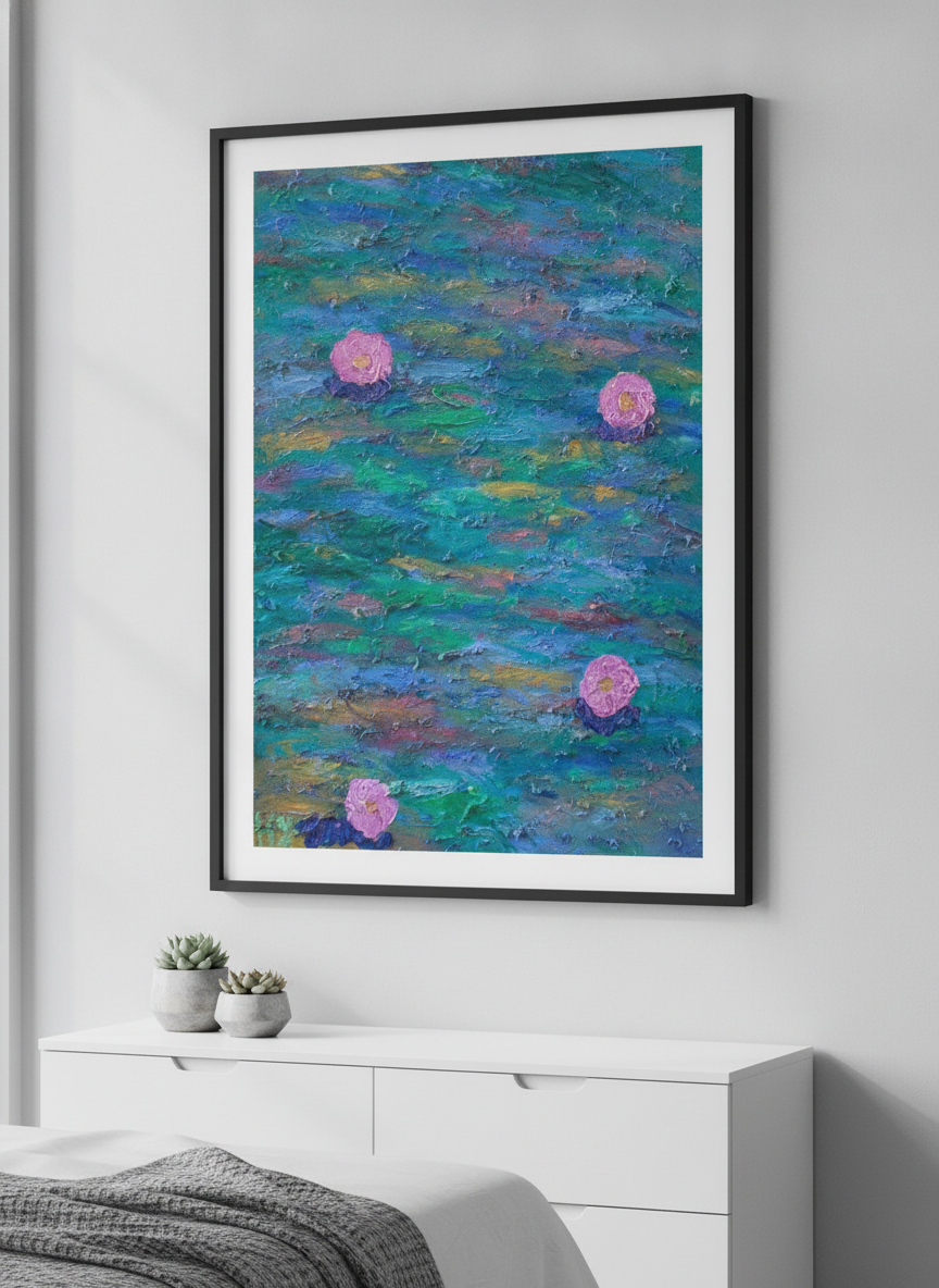 Minimalist artwork displayed in a calm, light-filled bedroom interior