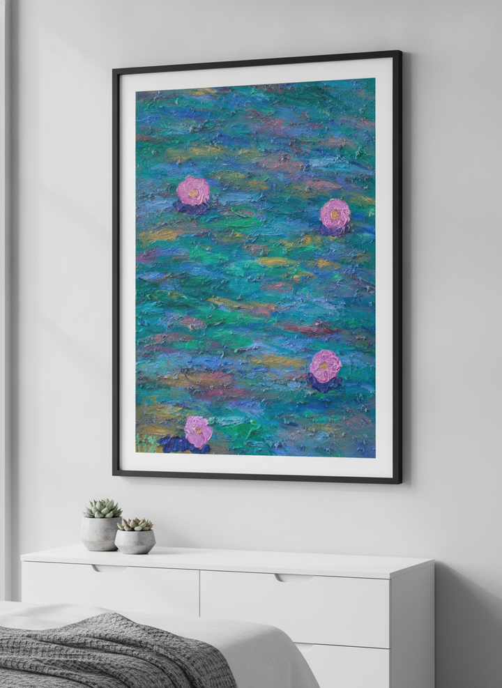 Minimalist artwork displayed in a calm, light-filled bedroom interior