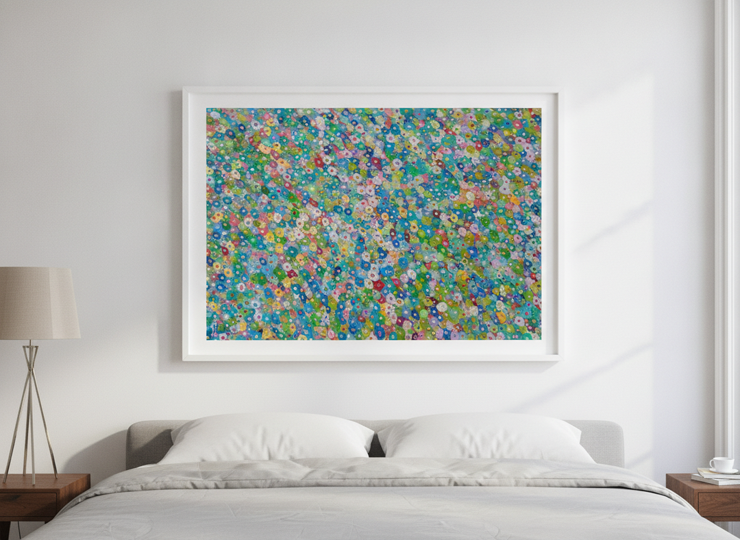 Minimalist artwork displayed in a calm, light-filled bedroom interior