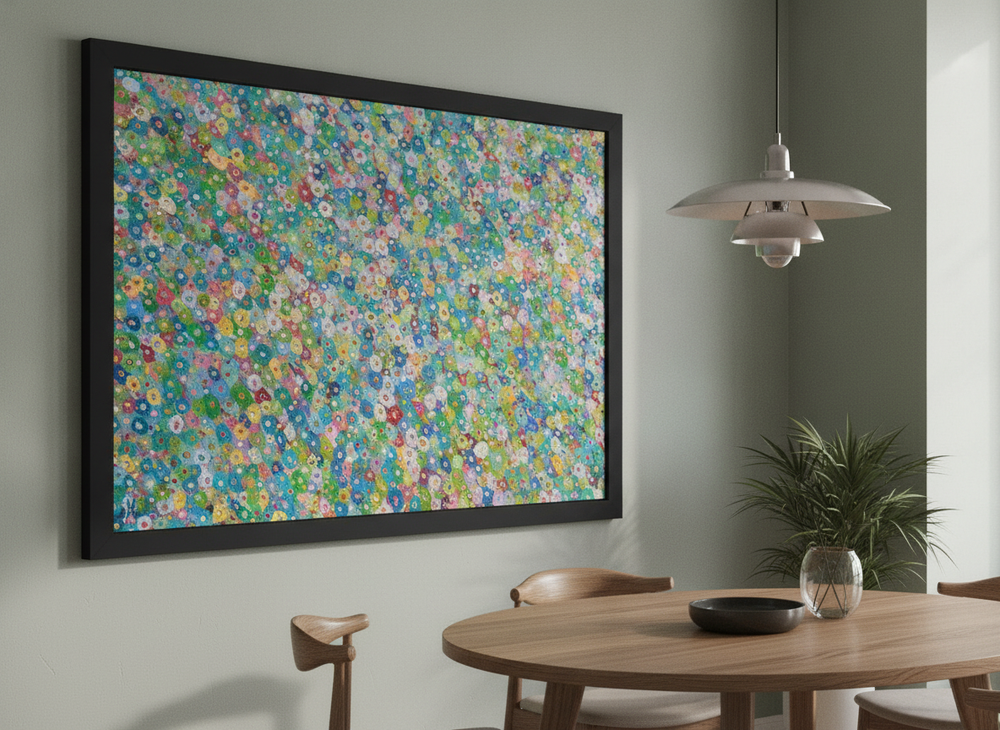Wall art styled above a dining table in a contemporary home