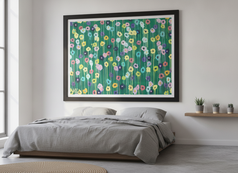 Minimalist artwork displayed in a calm, light-filled bedroom interior