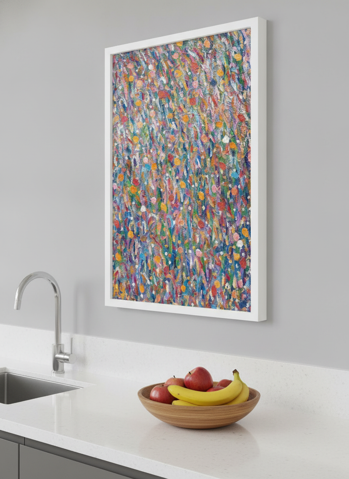 Artwork styled on the wall of a bright modern kitchen