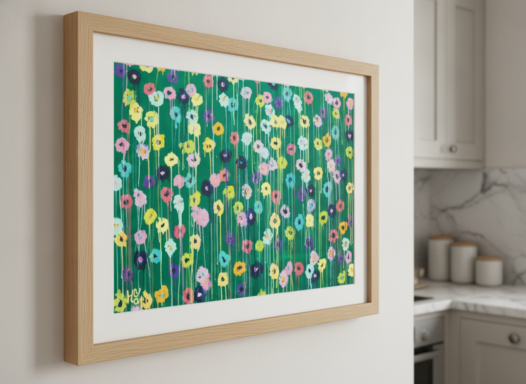 Artwork styled on the wall of a bright modern kitchen