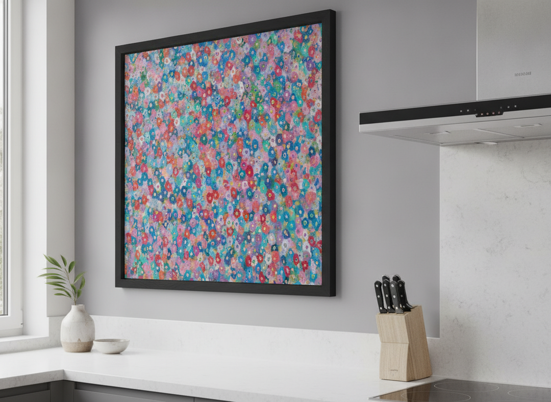 Artwork styled on the wall of a bright modern kitchen