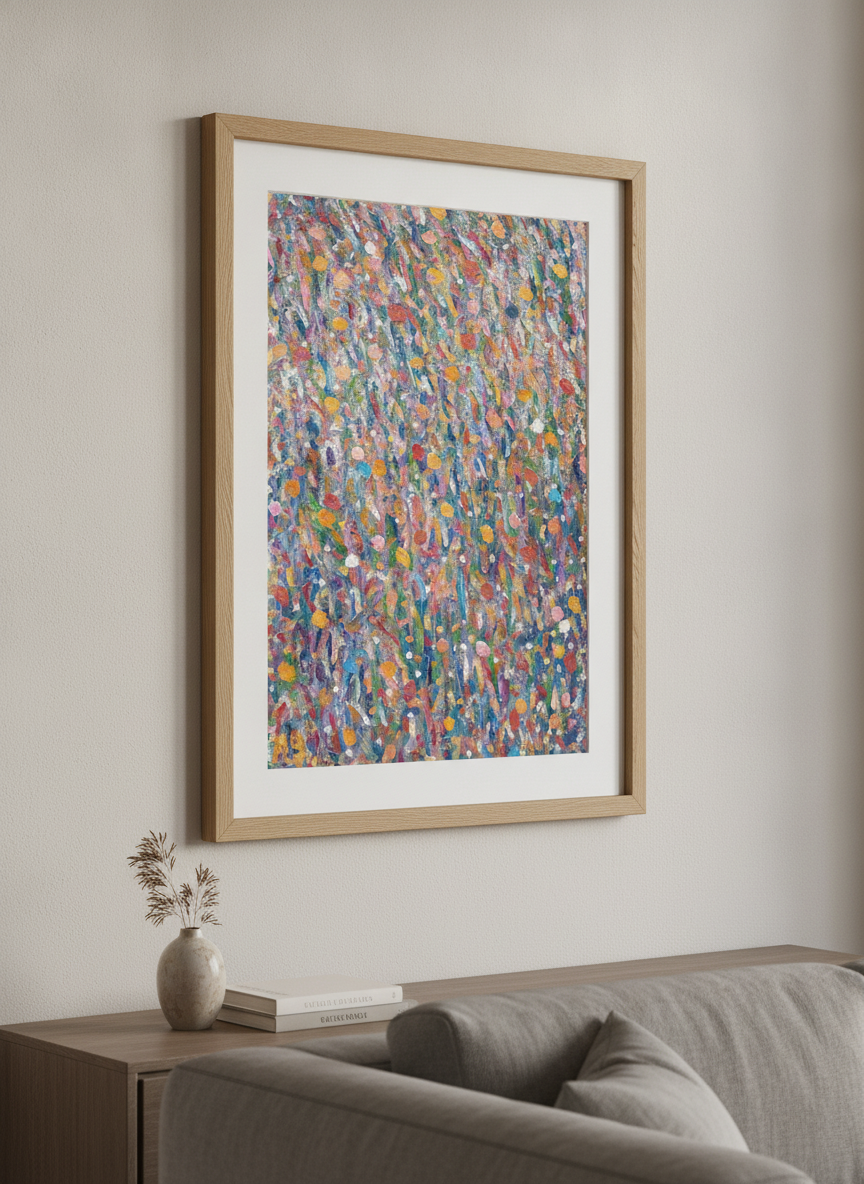 Modern wall art styled above a sofa in a neutral living room