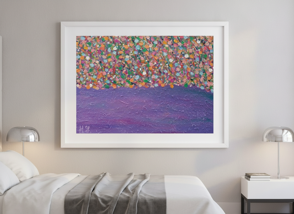 Minimalist artwork displayed in a calm, light-filled bedroom interior