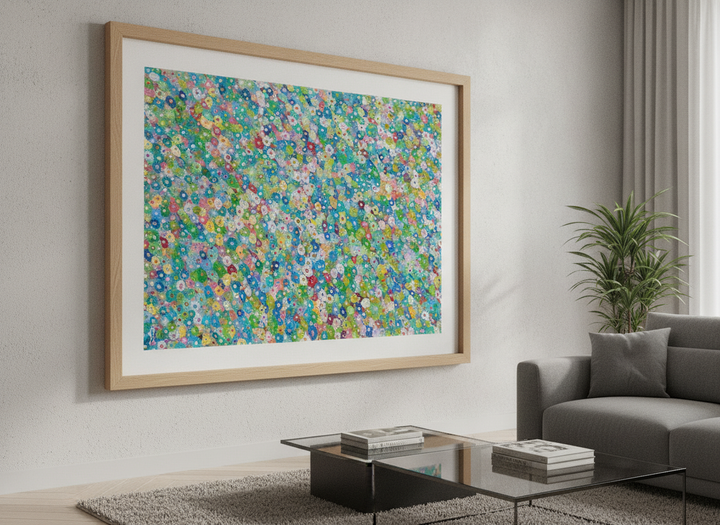 Modern wall art styled above a sofa in a neutral living room