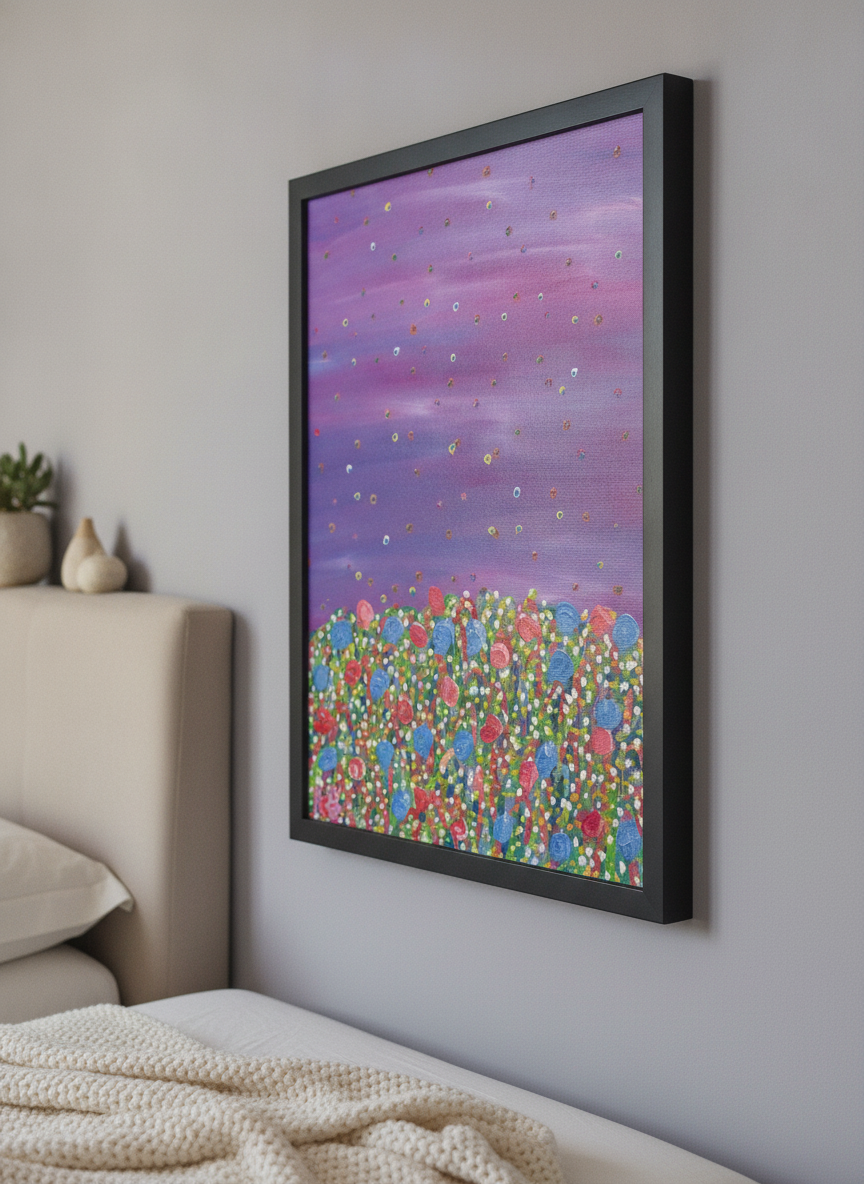 Minimalist artwork displayed in a calm, light-filled bedroom interior