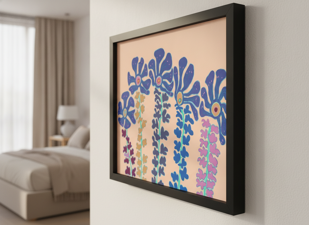Minimalist artwork displayed in a calm, light-filled bedroom interior